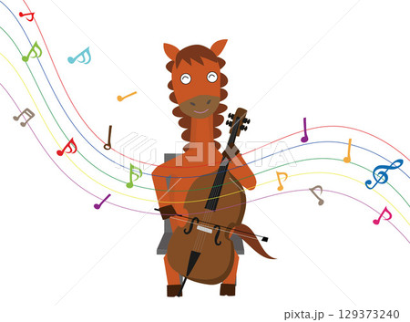 2026年の年賀状のイラスト素材。馬が楽器を演奏して新年を祝っている。 129373240