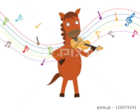 2026年の年賀状のイラスト素材。馬が楽器を演奏して新年を祝っている。 129373241