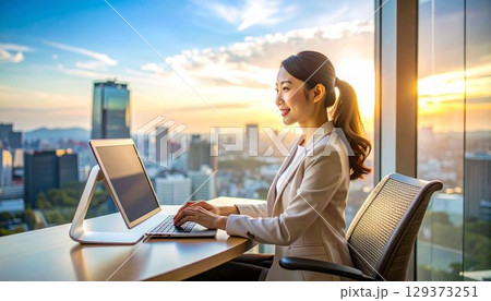 パソコンで仕事する女性会社員 129373251