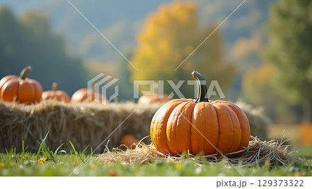 Autumnal pumpkin patch scene capturing the essence of the fall harvest season in countryside 129373322