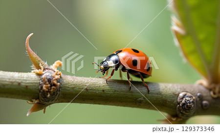 A captivating close up of a ladybug exploring a branch with new growth in nature's embrace 129373346