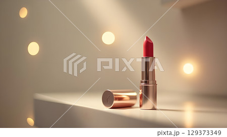 Elegant red lipstick presentation with golden accents and ambient lighting for beauty and fashion advertising 129373349