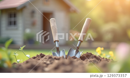 Two gardening hand trowels nestled in the fresh soil with shed background on a sunny day 129373357