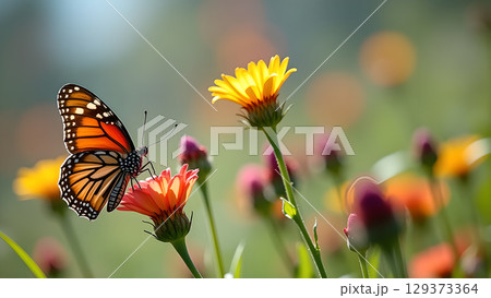 Captivating monarch butterfly rests gracefully upon a vibrant orange flower in a sun kissed meadow filled with colorful blossoms 129373364
