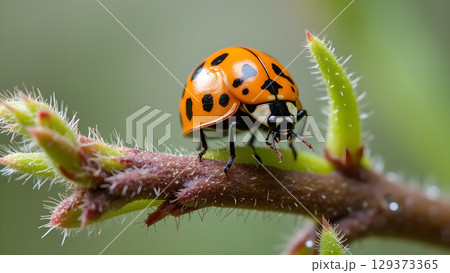 Close-up of a ladybug perched on a stem with tiny green leaves and small hairs, a captivating nature shot 129373365