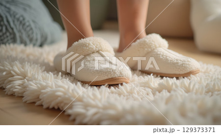 Cozy Comfort at Home: Feet in Slippers on a Fluffy Rug for Ultimate Relaxation Cozy Comfort at Home: Feet in Slippers on a Fluffy Rug for Ultimate Relaxation 129373371