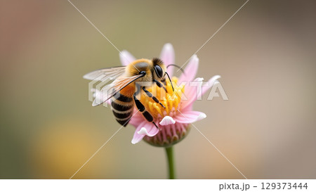 Detailed image showcasing a honeybee gathering nectar from a vibrant pink flower in nature 129373444