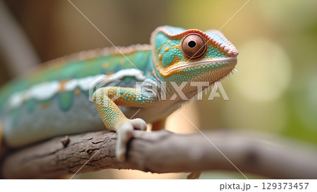 Captivating Chameleon Portrait: A Colorful Reptile Perched on a Branch Showcasing its Unique Pattern 129373457