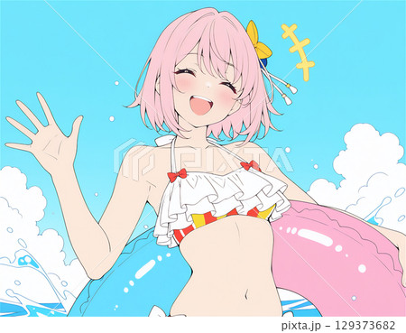 海で水着の女の子が浮き輪を持っているイラスト 海で水着の女の子が浮き輪を持っているイラスト 129373682