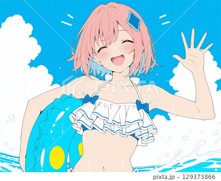 海で水着の女の子が海にいる夏のビーチ 129373866