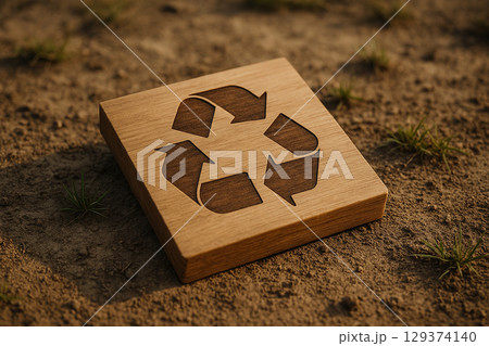 Wooden block showing recycle symbols placed on natural soil ground. 129374140