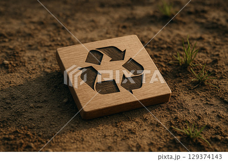 Wooden block showing recycle symbols placed on natural soil ground 129374143