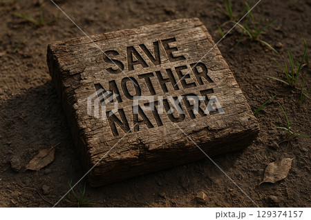 Save Mother Nature text on wooden block featuring. Environmental awareness concept 129374157