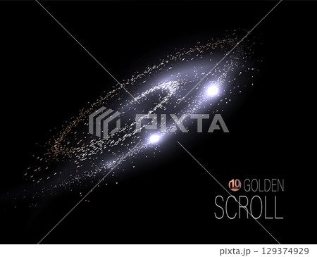 Shiny curl of small tinsel on black background. Isolated design element 129374929