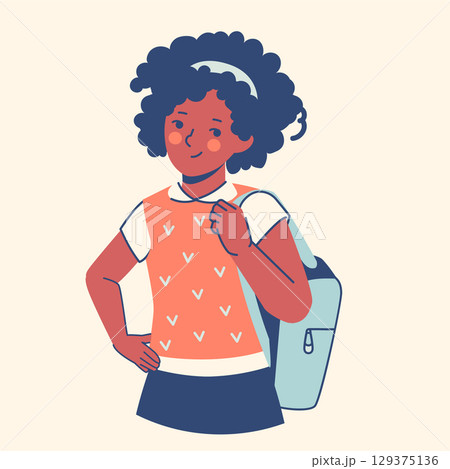 Happy African American schoolgirl with backpack, celebrating diversity in education. Ideal for inclusive school posters, educational apps, and multicultural learning resources in flat vector style 129375136
