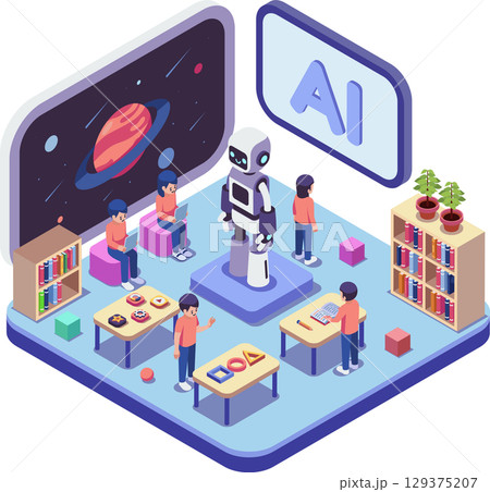 Isometric AI Learning Environment with Robot and Students 129375207