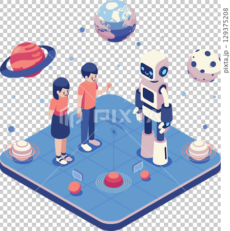 Isometric AI Robot Teaching Space Exploration for Kids 129375208