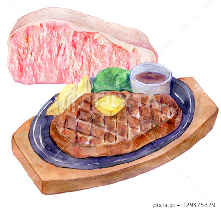 水彩イラスト　手描きイラスト　高級霜降り和牛のステーキ 129375329