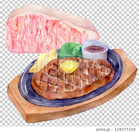 水彩イラスト　手描きイラスト　高級霜降り和牛のステーキ 129375329