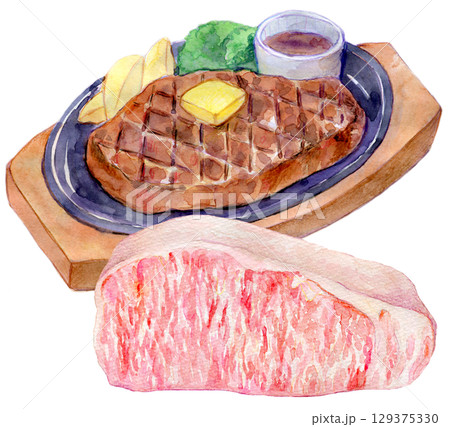 水彩イラスト　手描きイラスト　高級霜降り和牛のステーキ 129375330