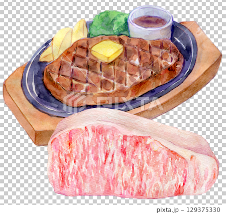 水彩イラスト　手描きイラスト　高級霜降り和牛のステーキ 129375330