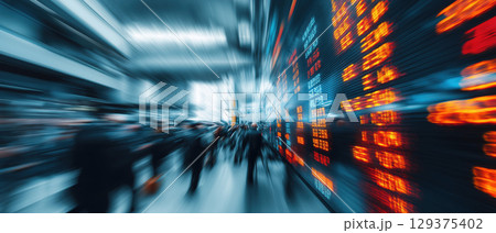 Blurred crowd, stock market, financial data, digital display, urban, fast paced, business 129375402