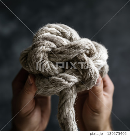 Hands holding thick rope knot, closeup, textured, strong, secure, rustic, neutral background 129375403