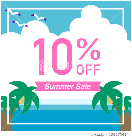 夏のセールバナー｜10％オフとヤシの木と海のポップなプロモーションデザイン 129375414
