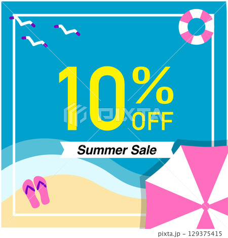 夏のセールバナー　10％オフとビーチ背景のポップなプロモーションデザイン 129375415