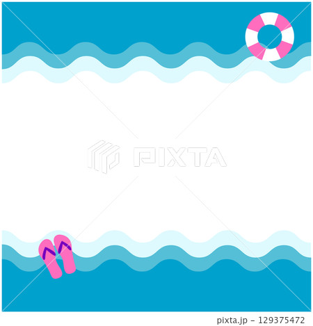 夏の海と波の背景イラスト ビーチサンダルと浮き輪付きデザイン 129375472