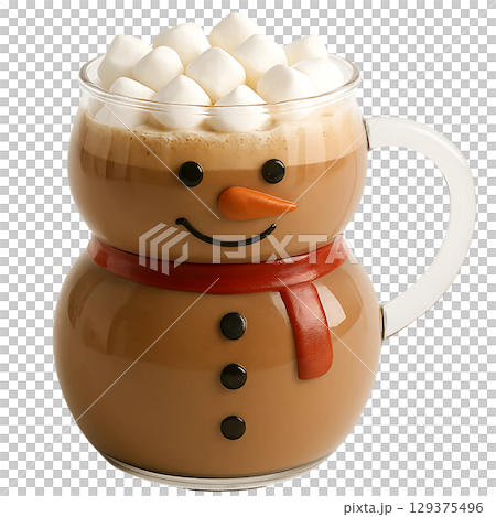 Winter Snowman Mug Filled with Hot Chocolate and Marshmallows Winter Snowman Mug Filled with Hot Chocolate and Marshmallows 129375496