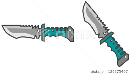 サバイバル料理などで使用する危険で鋭いナイフのイラスト 129375497