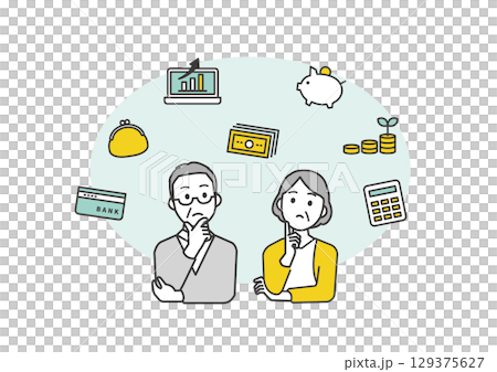 中年夫婦が家計や資産運用に悩むイラスト(ミドル世代・40代50代) 中年夫婦が家計や資産運用に悩むイラスト(ミドル世代・40代50代) 129375627