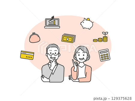 笑顔の中年夫婦が家計や資産運用を考えるイラスト（ミドル世代・40代50代） 129375628