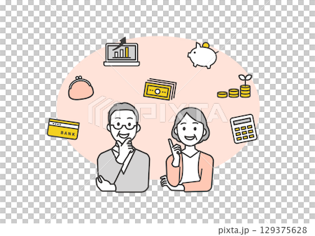 Illustration of a smiling middle-aged couple thinking about household finances and asset management (middle generation, 40s and 50s) 129375628