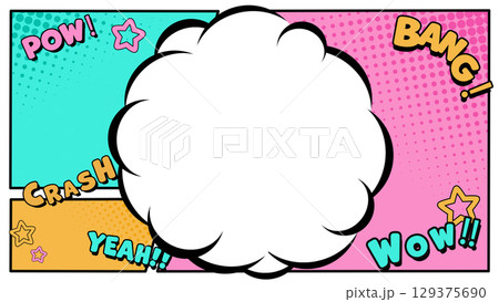 アメリカンコミック風のコマ割り背景　雲のフレーム有り 129375690