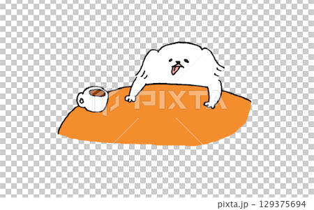 テーブルの上のコーヒーと犬 テーブルの上のコーヒーと犬 129375694
