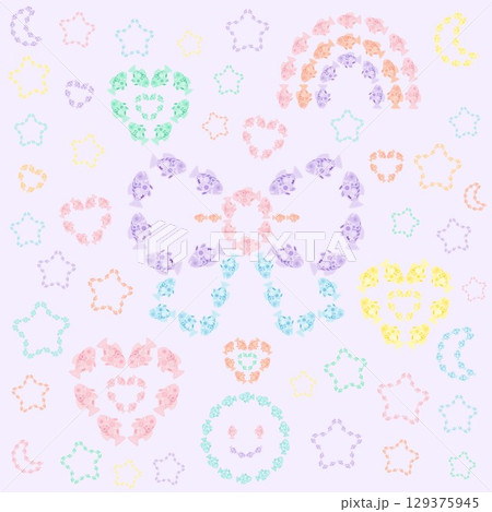 魚で描いた優しい色合いのパターン（虹・星・月・スマイルなど） 129375945