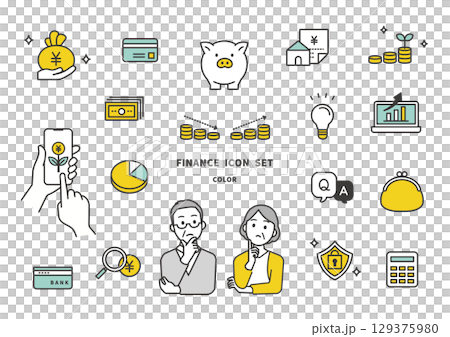 Illustration of a middle-aged couple and an icon set related to money, household finances, and investment (middle generation, 40s and 50s) 129375980