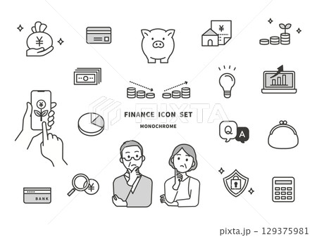 中年夫婦とお金・家計・投資に関するアイコンセットのイラスト（ミドル世代・40代50代・モノクロ） 129375981