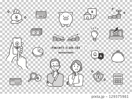 中年夫婦とお金・家計・投資に関するアイコンセットのイラスト（ミドル世代・40代50代・モノクロ） 129375981