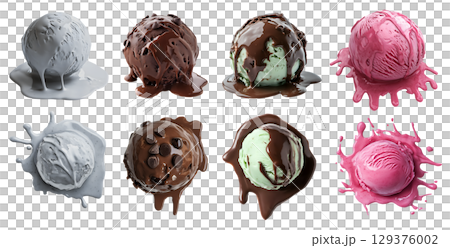 Set of melt melting Ice cream scoop ball, top front view on transparent cutout PNG file. Many different flavour, Double chocolate chip, Mint, Raspberry, sesame. Mockup template for artwork design Set of melt melting Ice cream scoop ball, top front view on transparent cutout PNG file. Many different flavour, Double chocolate chip, Mint, Raspberry, sesame. Mockup template for artwork design 129376002