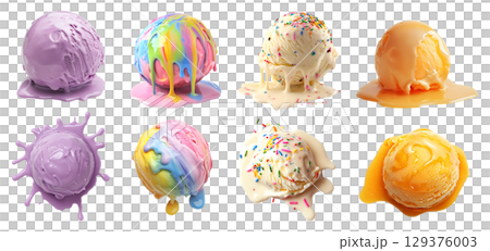 Set of melt melting Ice cream scoop ball, top front view on transparent cutout PNG file. Many different flavour, Rainbow, sprinkle vanilla, orange, grape. Mockup template for artwork design Set of melt melting Ice cream scoop ball, top front view on transparent cutout PNG file. Many different flavour, Rainbow, sprinkle vanilla, orange, grape. Mockup template for artwork design 129376003