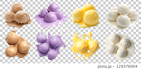 Set of pile stack of melt melting Ice cream scoop balls, top front view on transparent cutout PNG. Many different flavour, vanilla, Lemon, Mocha, coffee, coconut. Mockup template for artwork design 129376004