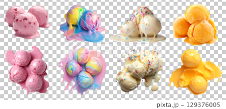 Set of pile stack of melt melting Ice cream scoop balls, top front view on transparent cutout PNG. Many different flavour, Rainbow, sprinkle vanilla, orange, grape. Mockup template for artwork design Set of pile stack of melt melting Ice cream scoop balls, top front view on transparent cutout PNG. Many different flavour, Rainbow, sprinkle vanilla, orange, grape. Mockup template for artwork design 129376005