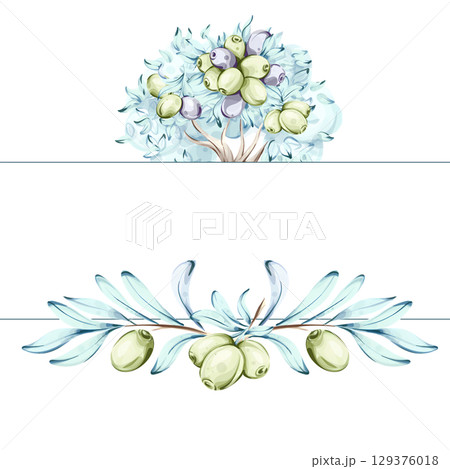Discover the beauty of olive trees and olive oil through vibrant watercolor illustrations inspired by Italian culinary traditions frame, border, arrangement 129376018