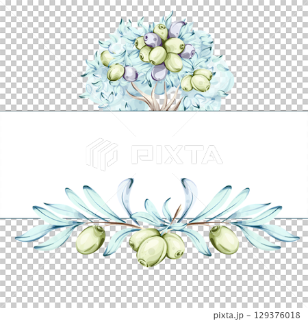 Discover the beauty of olive trees and olive oil through vibrant watercolor illustrations inspired by Italian culinary traditions frame, border, arrangement 129376018