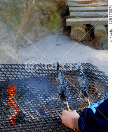 キャンプ場で釣った魚を炭火で塩焼き キャンプ場で釣った魚を炭火で塩焼き 129376076