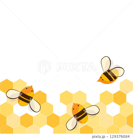 Seamless border pattern with honeycomb and honey bees. Cute beekeeping frame design isolated on white background. Vector illustration 129376084