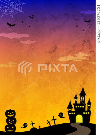水彩のかぼちゃやおばけやお城や蝙蝠のシルエットのかわいいハロウィン背景イラスト 129376251